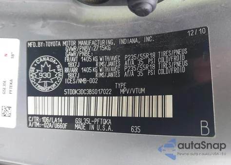 2011 Toyota Sienna Limited 7 Passenger from USA, damaged, VIN 5TDDK3DC3BS017022